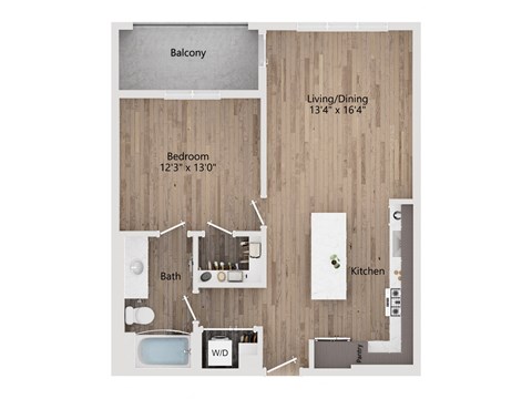 A floor plan of a small apartment with a balcony, living/dining area, bedroom, bathroom, kitchen, and hallway.